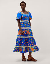 Mona Puff Sleeve Floral Midi Dress, Blue (COBALT), large
