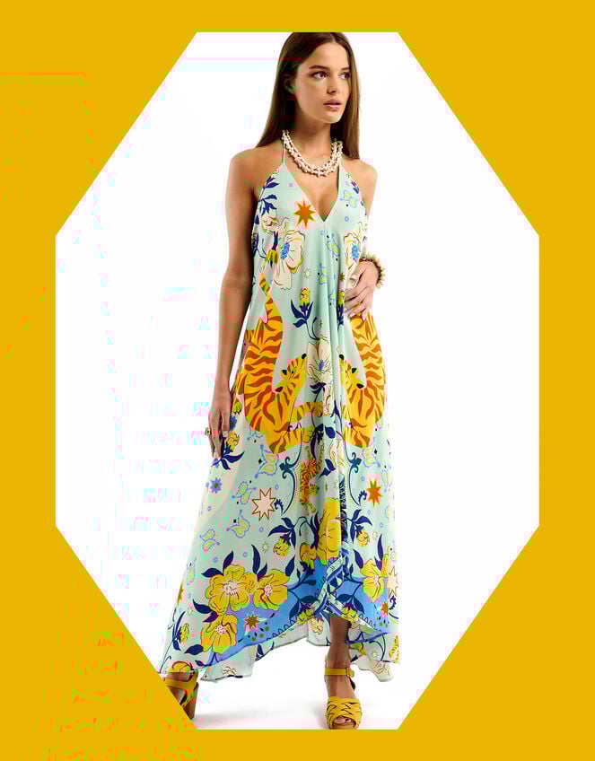 Wild Voila Tiger Print Backless Maxi Dress , Blue (BLUE), large