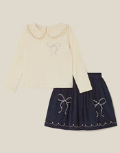 Bow Embellished Top & Corduroy Skirt Set, Blue (NAVY), large
