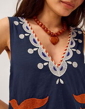Eloise Tropical Embroidered Midi Dress, Blue (NAVY), large