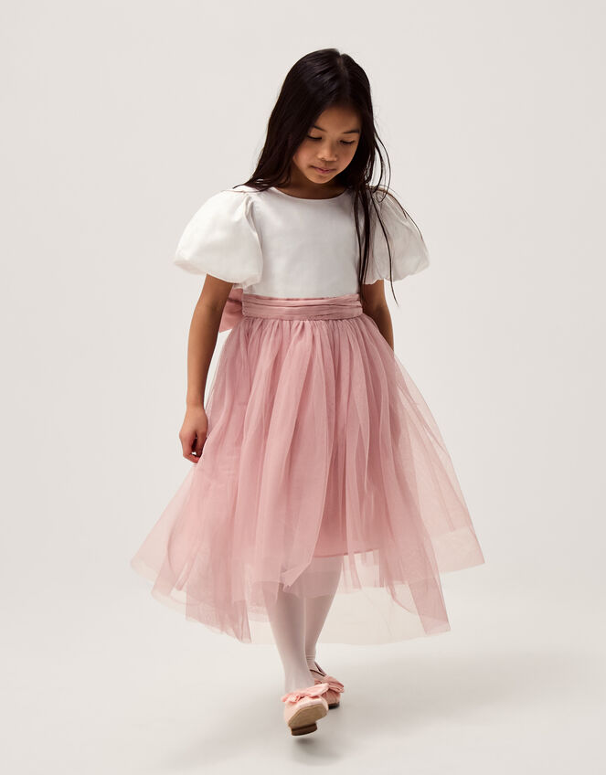 Puff Sleeve Satin Tulle Dress, Pink (PINK), large