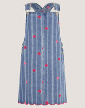 Embroidered Heart Pinafore Denim Dress , Blue (BLUE), large