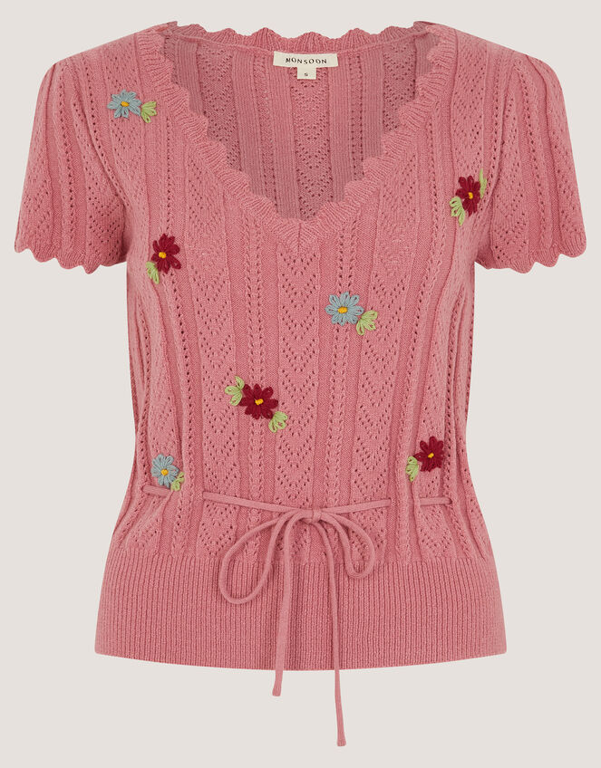 Edie Floral Embroidered Short Sleeve Jumper, Pink (PINK), large