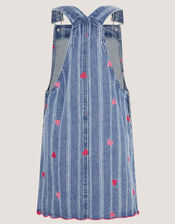 Embroidered Heart Pinafore Denim Dress , Blue (BLUE), large