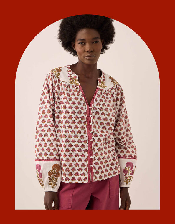 East Karmen Hand Woodblock Blouse, Pink (PINK), large