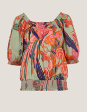 Carmen Bardot Floral Print Top, Green (SAGE), large