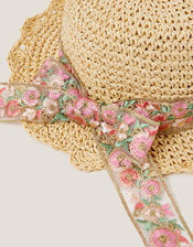 Floral Bow Straw Bucket Hat, Pink (PINK), large