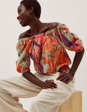 Carmen Bardot Floral Print Top, Green (SAGE), large