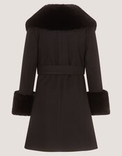Faux Fur Collar Belted Coat, Black (BLACK), large