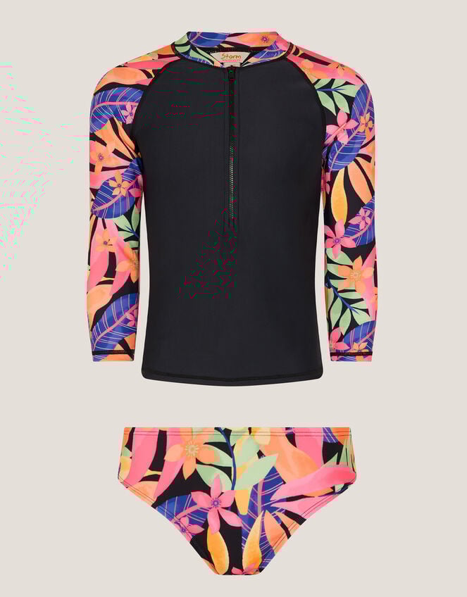 Tropical Floral UPF50+ Rash Vest Swim Set, Black (BLACK), large