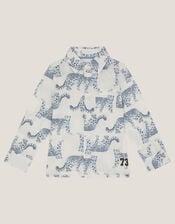 Leopard Print Long Sleeve Shirt, White (WHITE), large