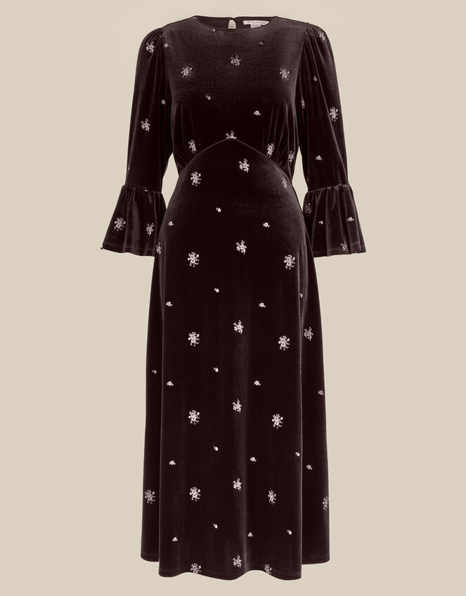 Emilee Floral Embroidered Velvet Midi Dress, Brown (CHOCOLATE), large