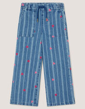 Embroidered Heart Stripe Denim Jeans, Blue (BLUE), large