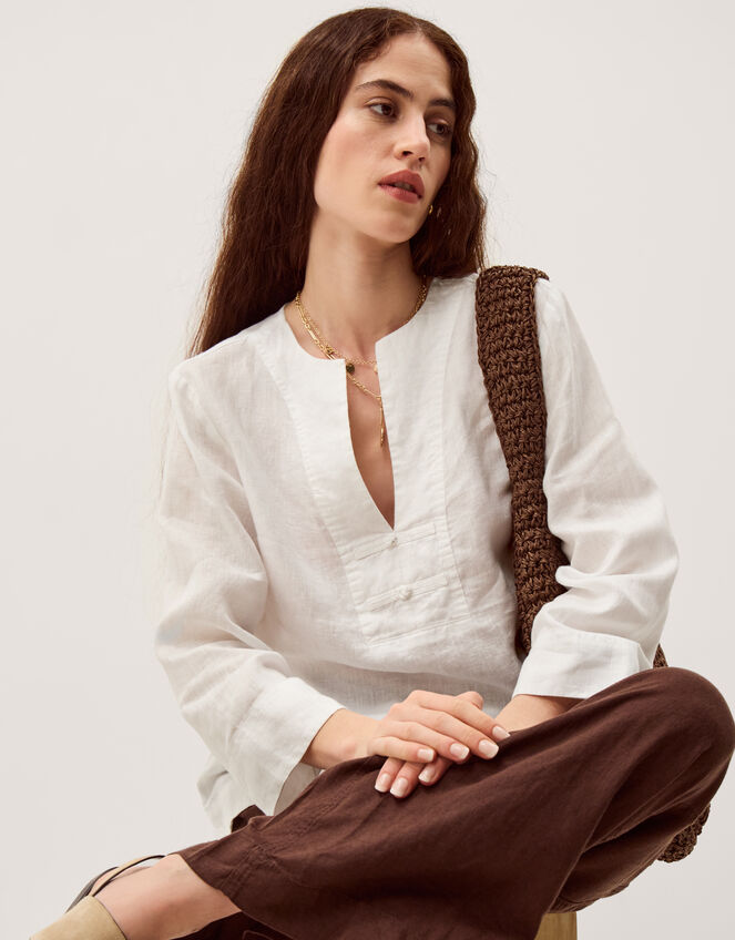 Alexis Knot Button Linen Top, White (WHITE), large