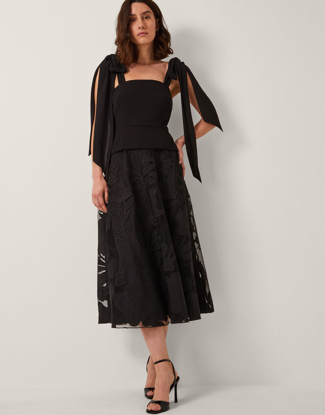 Briana Tie Floral Appliqu&eacute; Midi Dress, Black (BLACK), large