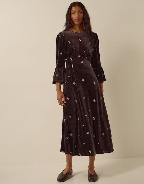 Emilee Floral Embroidered Velvet Midi Dress, Brown (CHOCOLATE), large