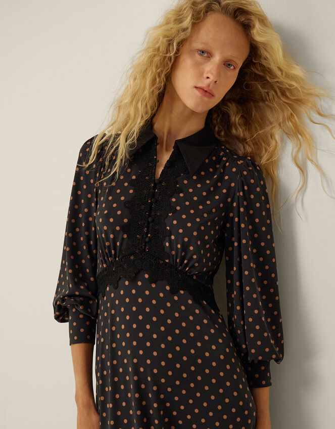 Sally Lace Polka Dot Jersey Midi Dress, Black (BLACK), large