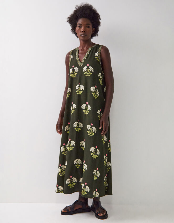 East Flossie Sleeveless Floral Maxi Dress, Green (KHAKI), large