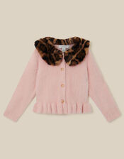 Monsoon x Queens of Archive Francoise Leopard Print Faux Fur Collar Cardigan​, Pink (PINK), large