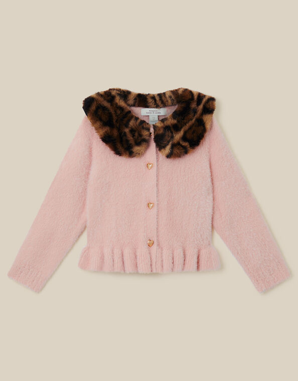 Monsoon x Queens of Archive Francoise Leopard Print Faux Fur Collar Cardigan​, Pink (PINK), large