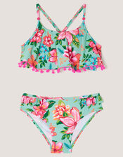 Tropical Flower Frill Bikini Swim Set, Blue (AQUA), large