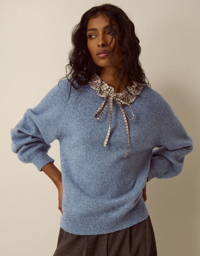 Corie Check Ruffle Collar Jumper, Blue (BLUE), large
