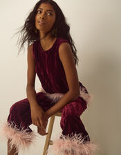 Emma Sleeveless Feather Crushed Velvet Top, Red (BURGUNDY), large
