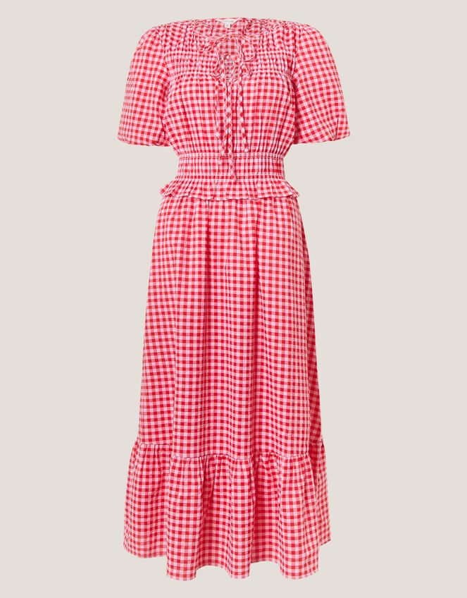 Mel Puff Sleeve Gingham Midi Dress, Red (RED), large