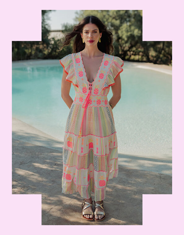 Piti Cuiti Pineapple Embroidered Maxi Dress, White (WHITE), large