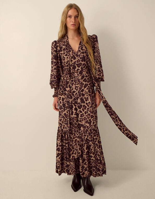 Monsoon x Queens of Archive Pearl Tie Neck Leopard Print Maxi Dress​, Brown (BROWN), large