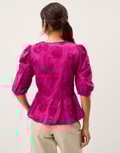 Tammy Puff Sleeve Embroidered Top, Pink (BRIGHT PINK), large