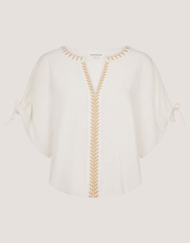 Adela Embroidered Linen Blend Top, Ivory (IVORY), large