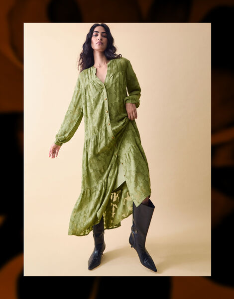 Clemence Sylvie Burnout Tiered Maxi Dress, Green (GREEN), large