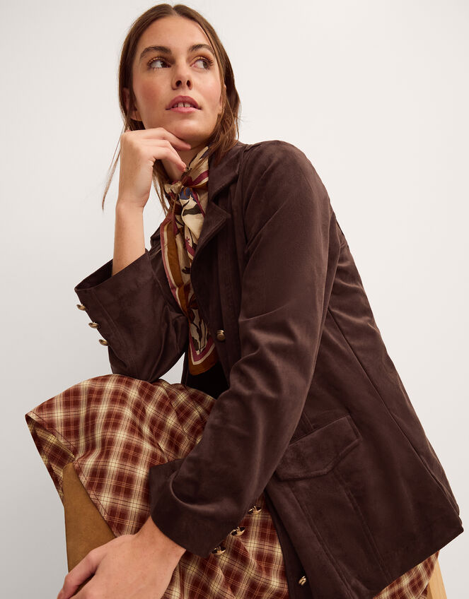 Eva Faux Suede Longline Jacket, Brown (DARK BROWN), large