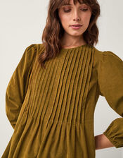 Joyce Pintuck Embroidered Corduroy Midi Dress, Green (CHARTREUSE), large