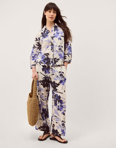Nicolette Floral Linen Blend Wide Leg Trousers, Blue (BLUE), large