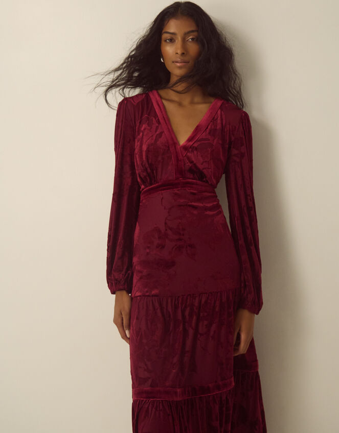 Dolly V-Neck Floral Devor&eacute; Jersey Midi Dress, Red (BURGUNDY), large