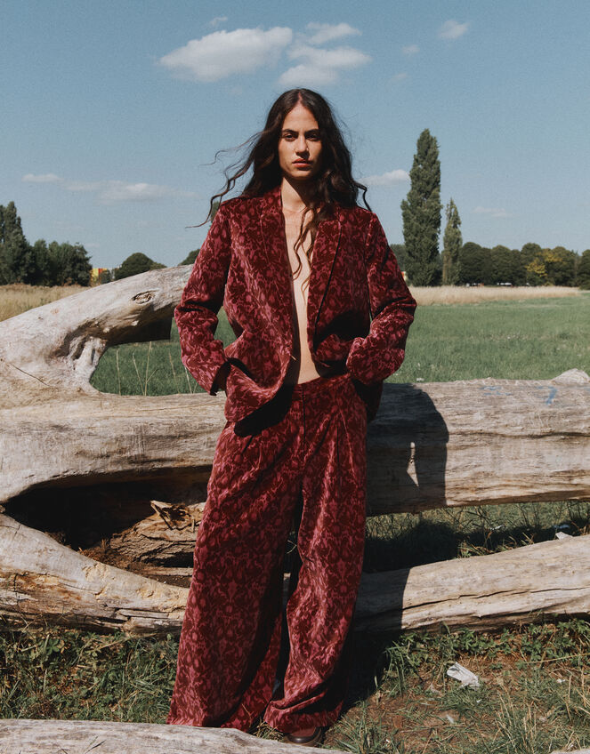 East Jude Print Velvet Blazer, Red (BERRY), large