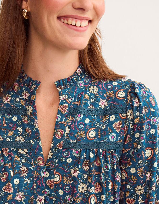 Francine Floral Jersey Blouse, Teal (TEAL), large