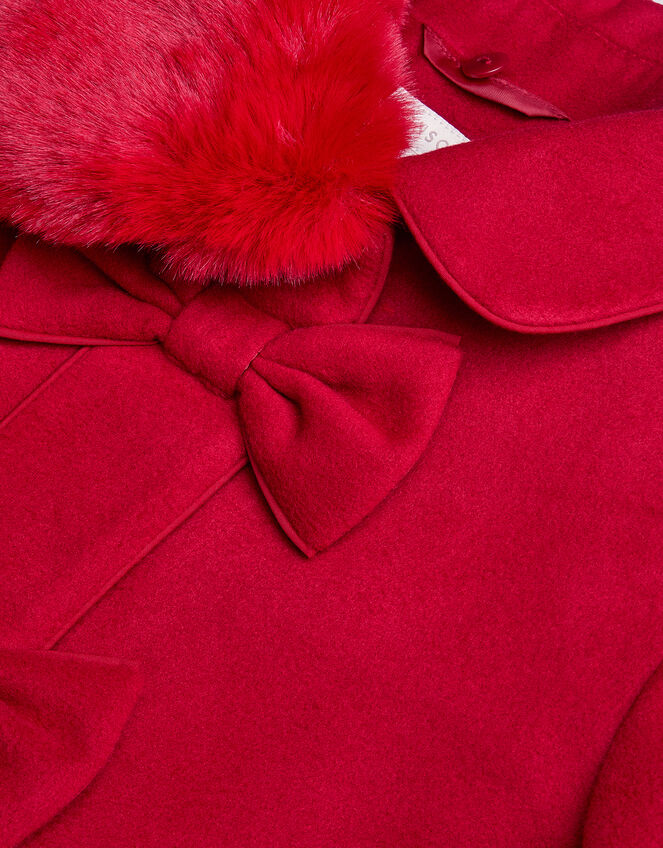 Faux Fur Collar Bow Coat, Red (RED), large