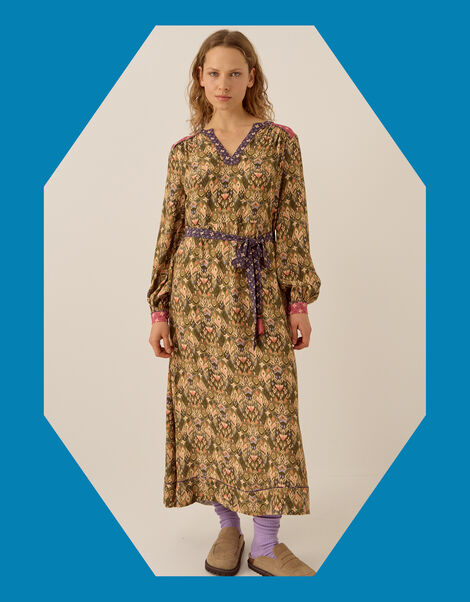 East Kiku Ikat Print Midi Dress, Green (GREEN), large