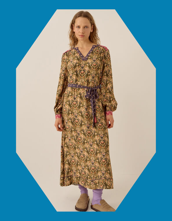 East Kiku Ikat Print Midi Dress, Green (GREEN), large