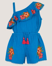 One Shoulder Floral Embroidered Romper, Blue (BLUE), large