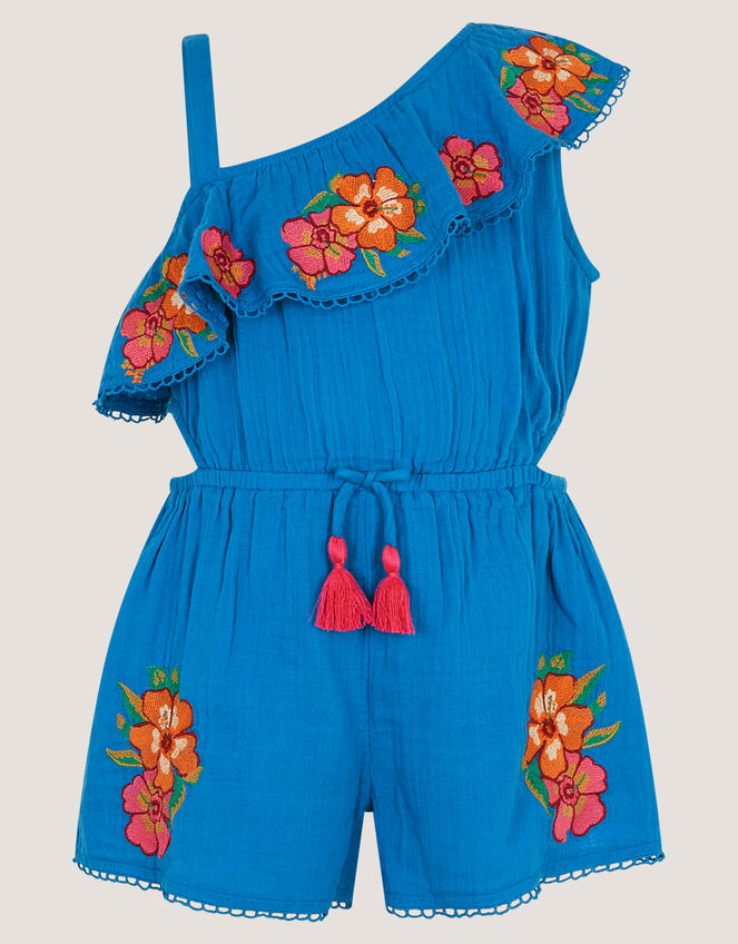One Shoulder Floral Embroidered Romper, Blue (BLUE), large