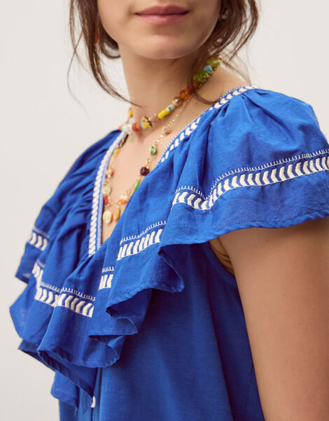 Fenn Embroidered Ruffle Jersey Top, Blue (COBALT), large