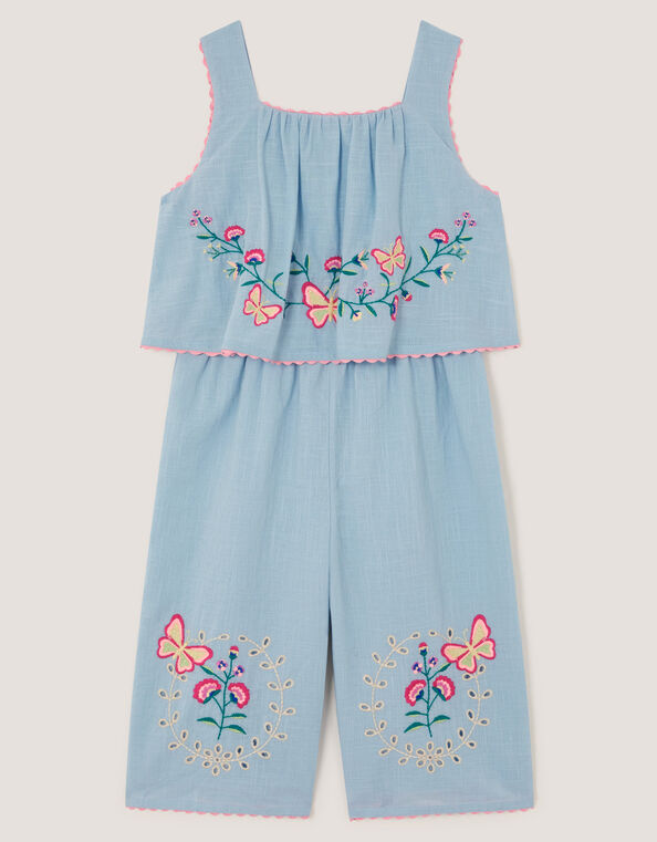 Butterfly Embroidered Culotte Jumpsuit, Blue (BLUE), large