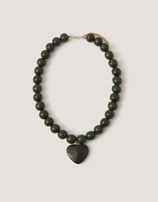 Beaded Resin Heart Pendant Necklace, Green (GREEN), large