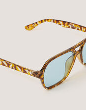 Blue-Tinted Tort Aviator Sunglasses, , large