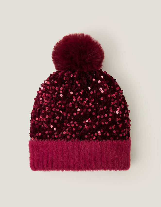 Sequin Pom-Pom Beanie Hat, Red (RED), large