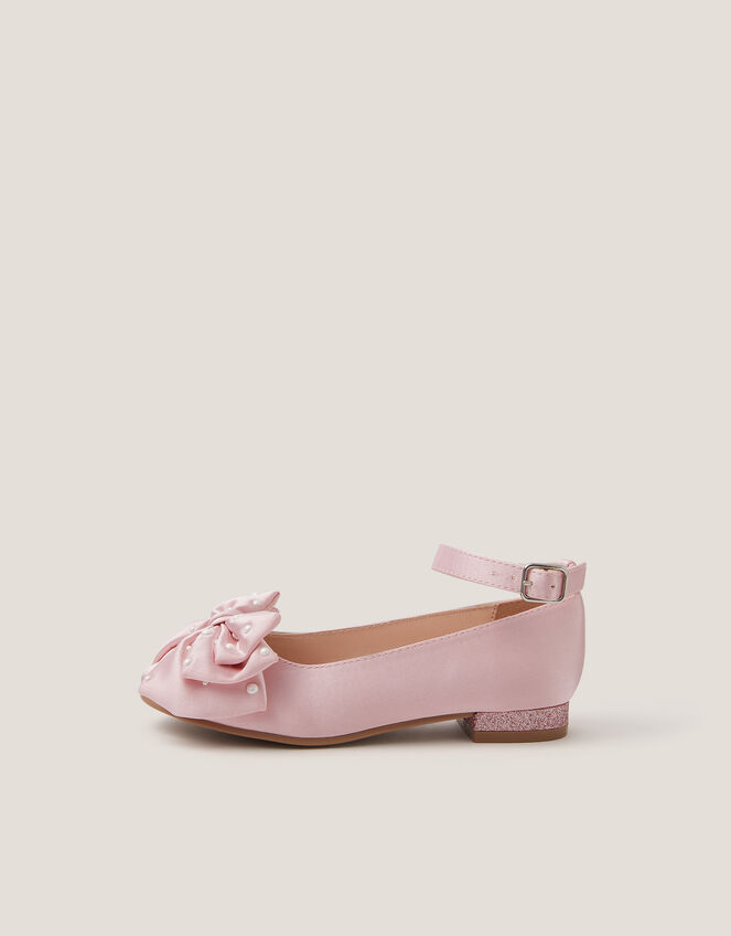 Pearl Bow Satin Flats, Pink (PINK), large
